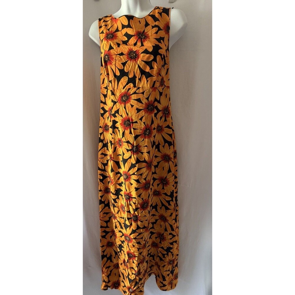 Spenser Jeremy 100% Silk Maxi Dress Size 8 Yellow Orange Sunflower Floral